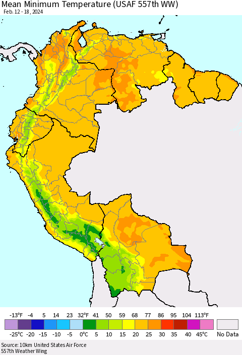 Northern South America Mean Minimum Temperature (USAF 557th WW) Thematic Map For 2/12/2024 - 2/18/2024