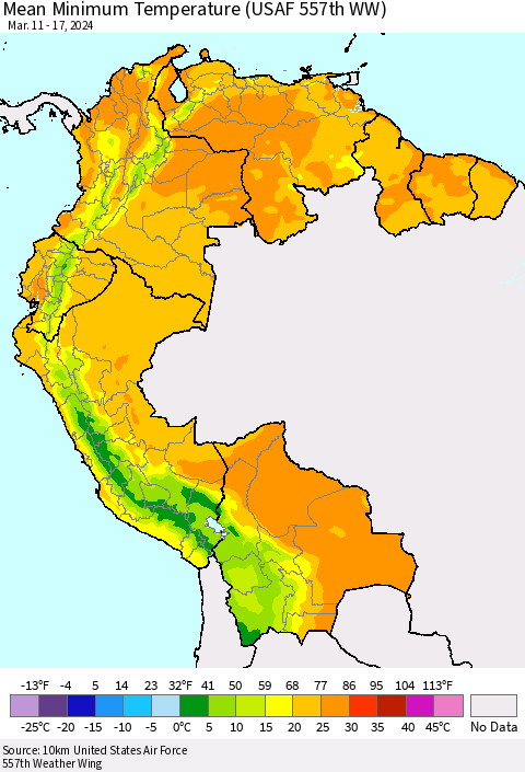 Northern South America Mean Minimum Temperature (USAF 557th WW) Thematic Map For 3/11/2024 - 3/17/2024