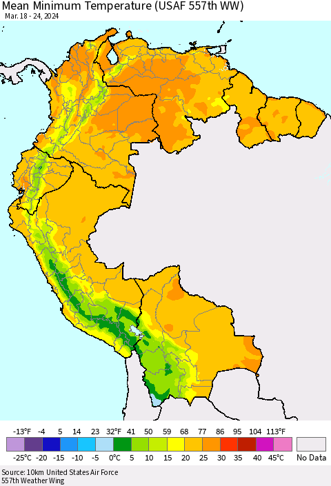 Northern South America Mean Minimum Temperature (USAF 557th WW) Thematic Map For 3/18/2024 - 3/24/2024