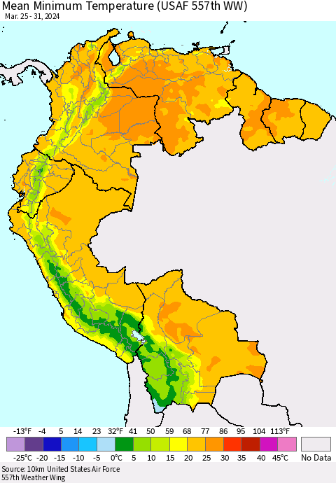 Northern South America Mean Minimum Temperature (USAF 557th WW) Thematic Map For 3/25/2024 - 3/31/2024