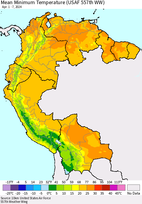 Northern South America Mean Minimum Temperature (USAF 557th WW) Thematic Map For 4/1/2024 - 4/7/2024
