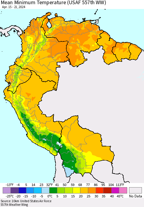 Northern South America Mean Minimum Temperature (USAF 557th WW) Thematic Map For 4/15/2024 - 4/21/2024