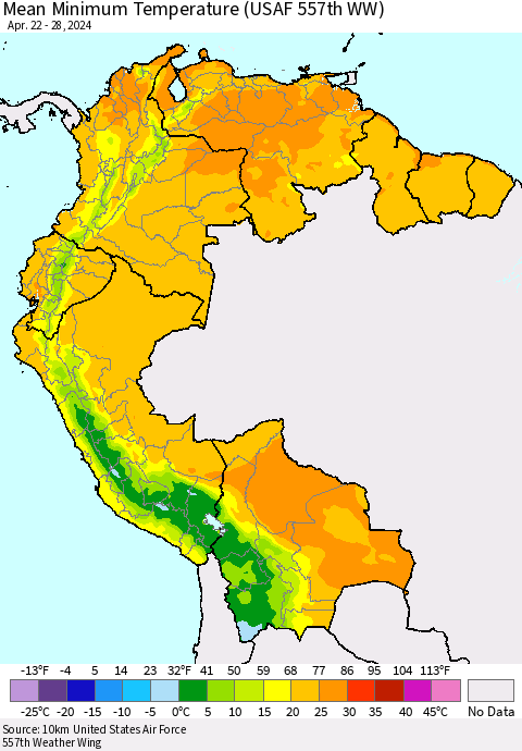 Northern South America Mean Minimum Temperature (USAF 557th WW) Thematic Map For 4/22/2024 - 4/28/2024