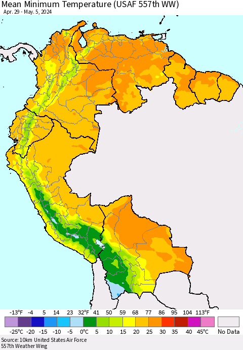 Northern South America Mean Minimum Temperature (USAF 557th WW) Thematic Map For 4/29/2024 - 5/5/2024