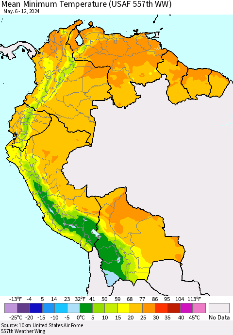 Northern South America Mean Minimum Temperature (USAF 557th WW) Thematic Map For 5/6/2024 - 5/12/2024