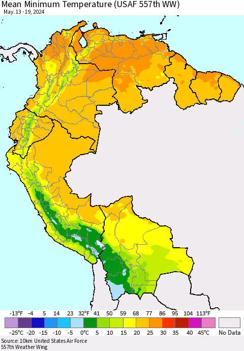 Northern South America Mean Minimum Temperature (USAF 557th WW) Thematic Map For 5/13/2024 - 5/19/2024
