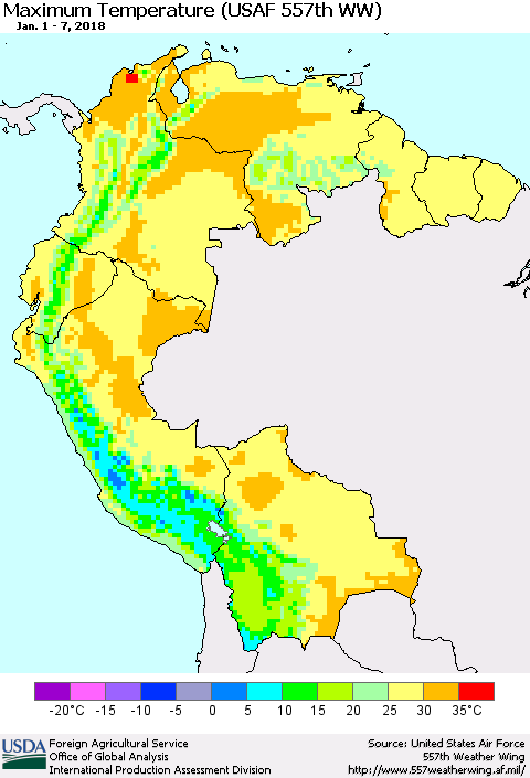 Northern South America Mean Maximum Temperature (USAF 557th WW) Thematic Map For 1/1/2018 - 1/7/2018