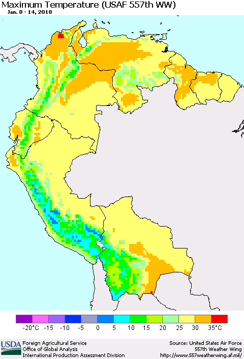 Northern South America Mean Maximum Temperature (USAF 557th WW) Thematic Map For 1/8/2018 - 1/14/2018