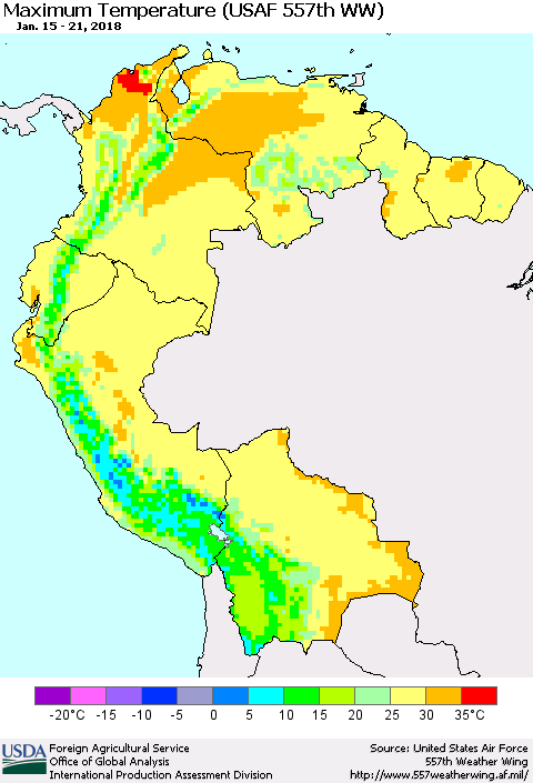 Northern South America Mean Maximum Temperature (USAF 557th WW) Thematic Map For 1/15/2018 - 1/21/2018