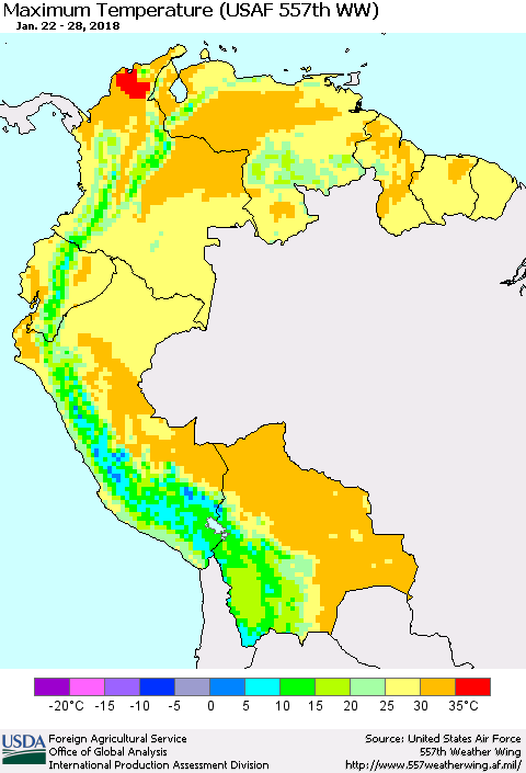 Northern South America Mean Maximum Temperature (USAF 557th WW) Thematic Map For 1/22/2018 - 1/28/2018