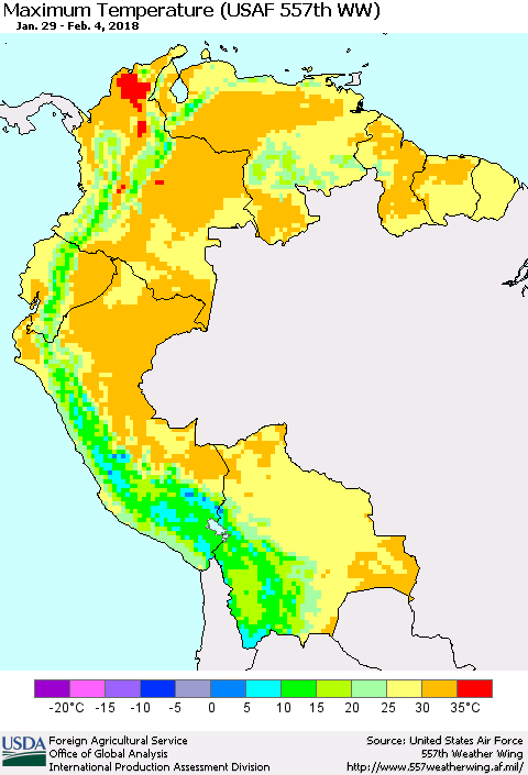 Northern South America Mean Maximum Temperature (USAF 557th WW) Thematic Map For 1/29/2018 - 2/4/2018