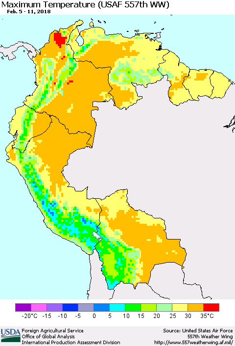 Northern South America Mean Maximum Temperature (USAF 557th WW) Thematic Map For 2/5/2018 - 2/11/2018