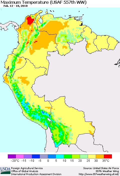 Northern South America Mean Maximum Temperature (USAF 557th WW) Thematic Map For 2/12/2018 - 2/18/2018