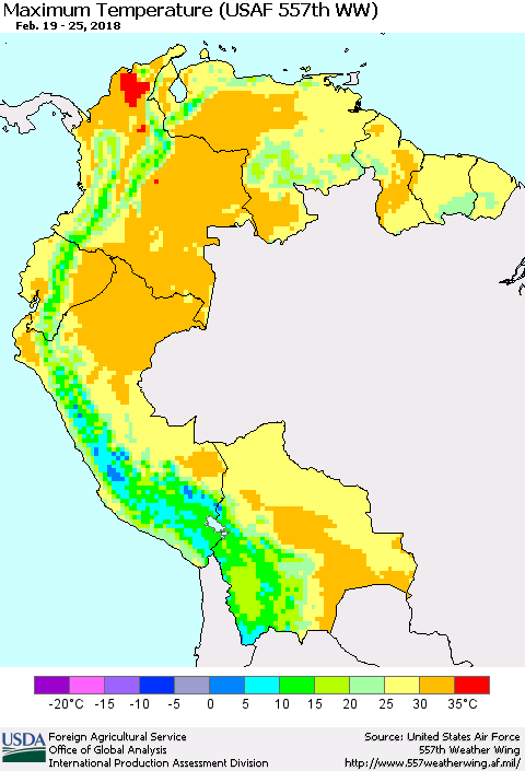 Northern South America Mean Maximum Temperature (USAF 557th WW) Thematic Map For 2/19/2018 - 2/25/2018