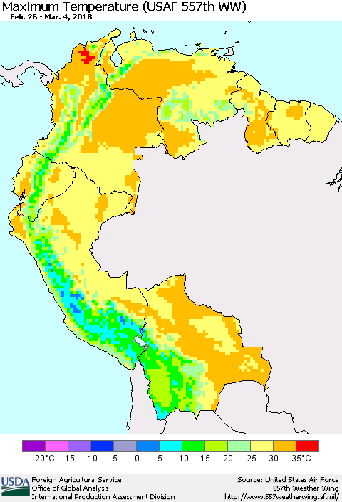 Northern South America Mean Maximum Temperature (USAF 557th WW) Thematic Map For 2/26/2018 - 3/4/2018