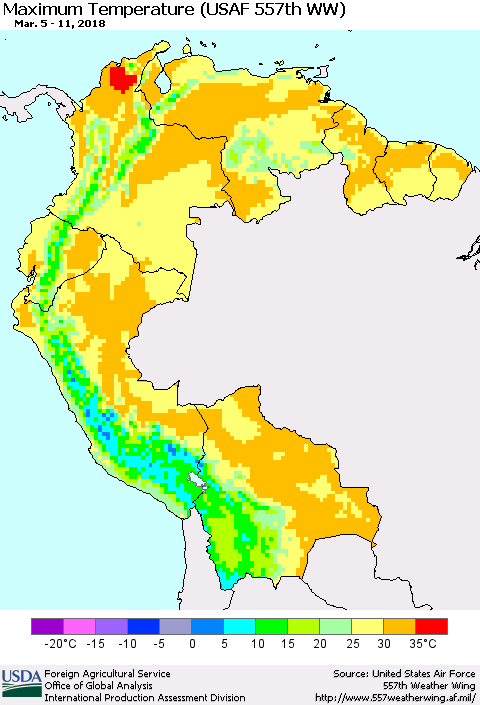 Northern South America Mean Maximum Temperature (USAF 557th WW) Thematic Map For 3/5/2018 - 3/11/2018