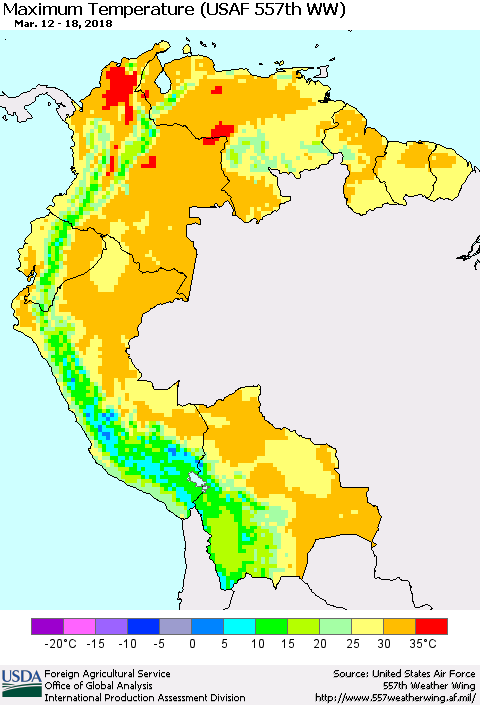 Northern South America Mean Maximum Temperature (USAF 557th WW) Thematic Map For 3/12/2018 - 3/18/2018