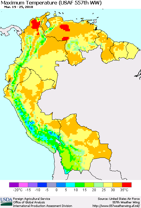 Northern South America Mean Maximum Temperature (USAF 557th WW) Thematic Map For 3/19/2018 - 3/25/2018