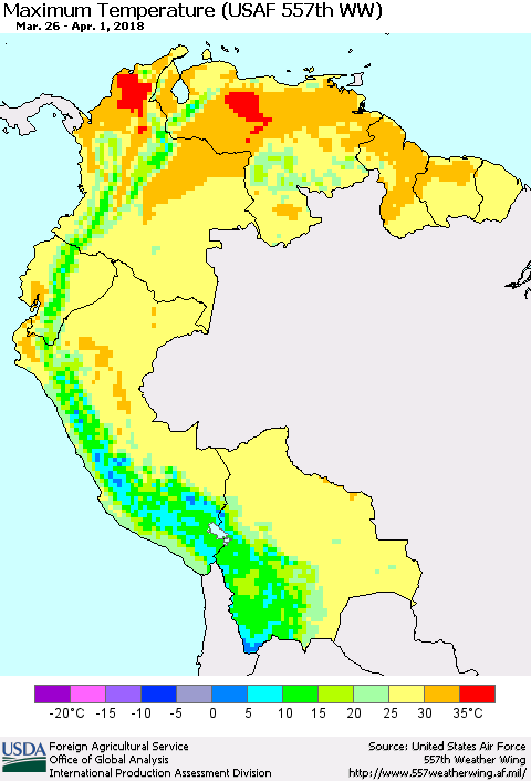 Northern South America Mean Maximum Temperature (USAF 557th WW) Thematic Map For 3/26/2018 - 4/1/2018