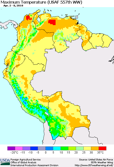 Northern South America Mean Maximum Temperature (USAF 557th WW) Thematic Map For 4/2/2018 - 4/8/2018