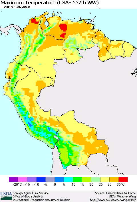 Northern South America Mean Maximum Temperature (USAF 557th WW) Thematic Map For 4/9/2018 - 4/15/2018
