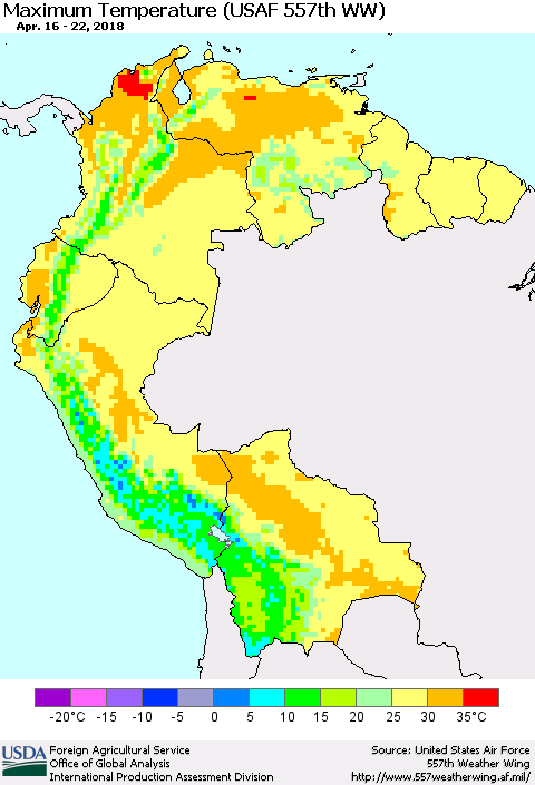Northern South America Mean Maximum Temperature (USAF 557th WW) Thematic Map For 4/16/2018 - 4/22/2018