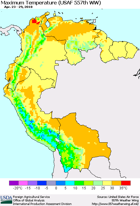 Northern South America Mean Maximum Temperature (USAF 557th WW) Thematic Map For 4/23/2018 - 4/29/2018