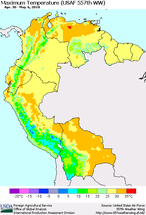 Northern South America Mean Maximum Temperature (USAF 557th WW) Thematic Map For 4/30/2018 - 5/6/2018