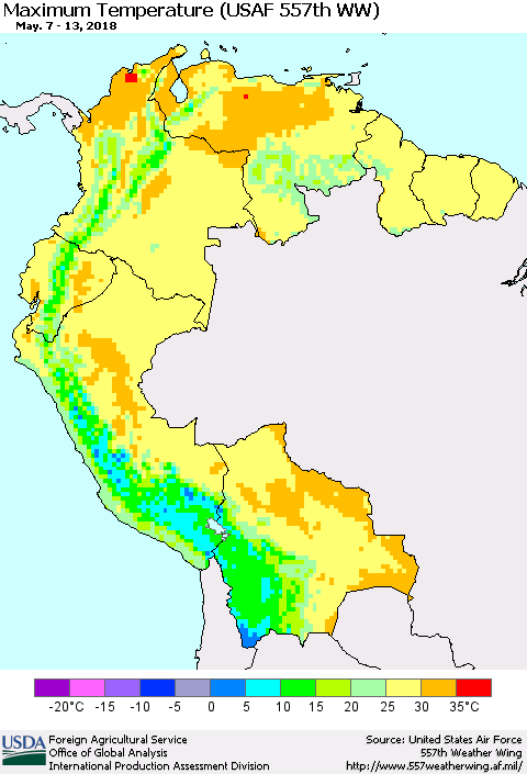 Northern South America Mean Maximum Temperature (USAF 557th WW) Thematic Map For 5/7/2018 - 5/13/2018
