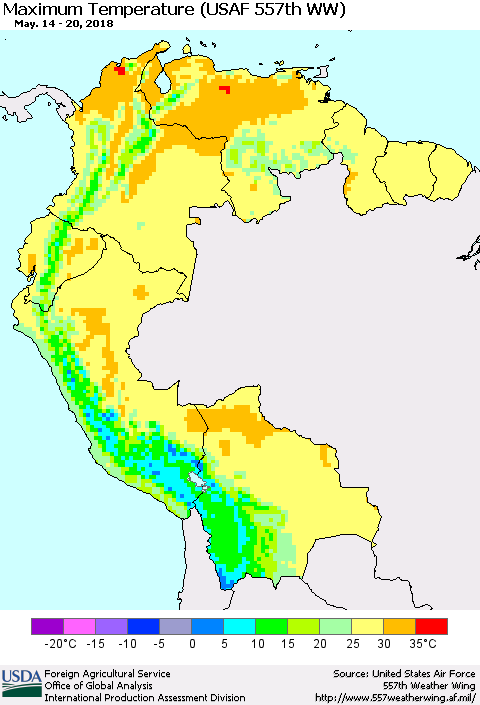 Northern South America Mean Maximum Temperature (USAF 557th WW) Thematic Map For 5/14/2018 - 5/20/2018