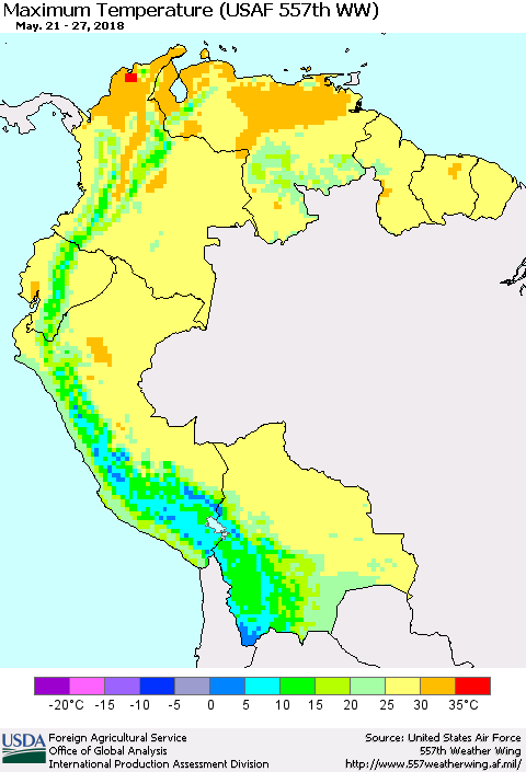 Northern South America Mean Maximum Temperature (USAF 557th WW) Thematic Map For 5/21/2018 - 5/27/2018
