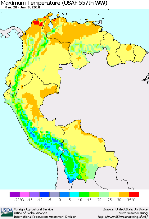 Northern South America Mean Maximum Temperature (USAF 557th WW) Thematic Map For 5/28/2018 - 6/3/2018