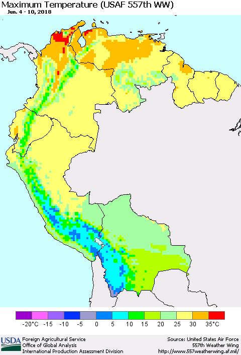 Northern South America Mean Maximum Temperature (USAF 557th WW) Thematic Map For 6/4/2018 - 6/10/2018