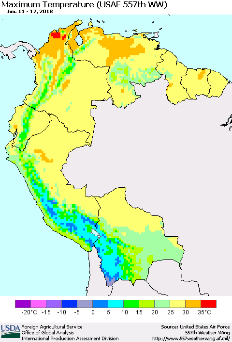 Northern South America Mean Maximum Temperature (USAF 557th WW) Thematic Map For 6/11/2018 - 6/17/2018