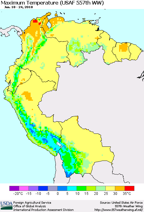 Northern South America Mean Maximum Temperature (USAF 557th WW) Thematic Map For 6/18/2018 - 6/24/2018