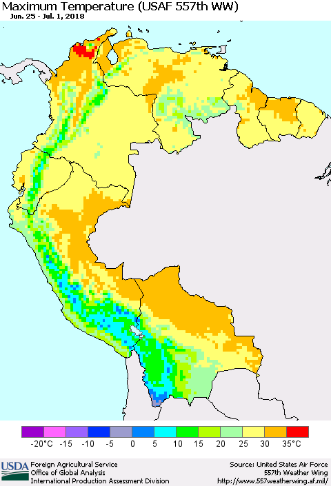 Northern South America Mean Maximum Temperature (USAF 557th WW) Thematic Map For 6/25/2018 - 7/1/2018