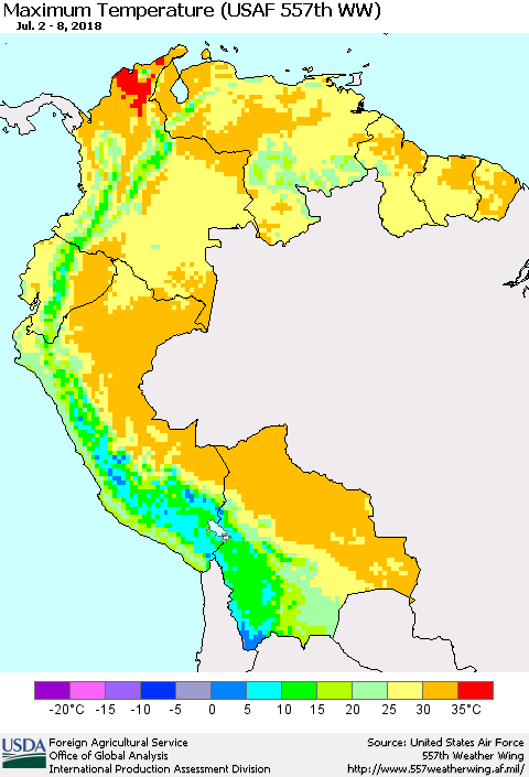 Northern South America Mean Maximum Temperature (USAF 557th WW) Thematic Map For 7/2/2018 - 7/8/2018
