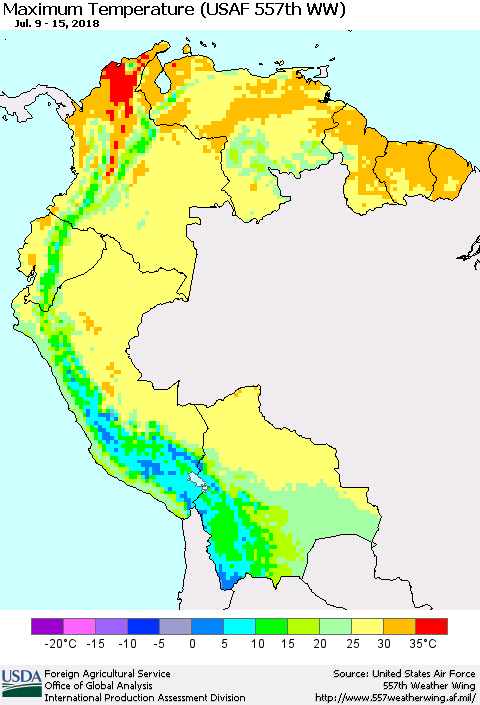 Northern South America Mean Maximum Temperature (USAF 557th WW) Thematic Map For 7/9/2018 - 7/15/2018