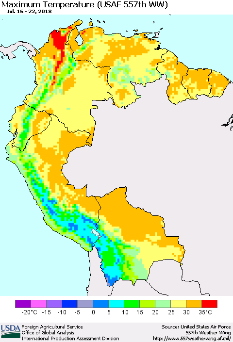 Northern South America Mean Maximum Temperature (USAF 557th WW) Thematic Map For 7/16/2018 - 7/22/2018