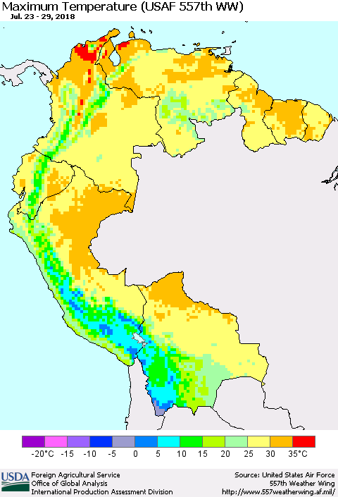 Northern South America Mean Maximum Temperature (USAF 557th WW) Thematic Map For 7/23/2018 - 7/29/2018