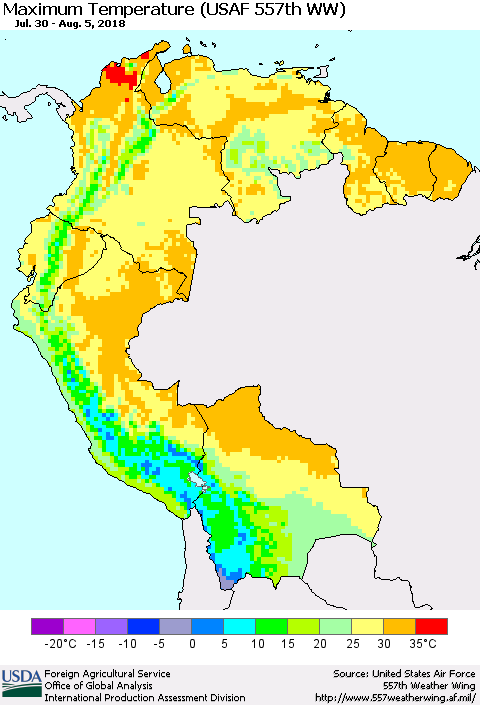 Northern South America Mean Maximum Temperature (USAF 557th WW) Thematic Map For 7/30/2018 - 8/5/2018