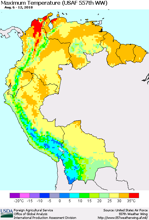 Northern South America Mean Maximum Temperature (USAF 557th WW) Thematic Map For 8/6/2018 - 8/12/2018