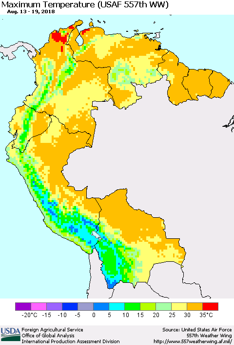 Northern South America Mean Maximum Temperature (USAF 557th WW) Thematic Map For 8/13/2018 - 8/19/2018