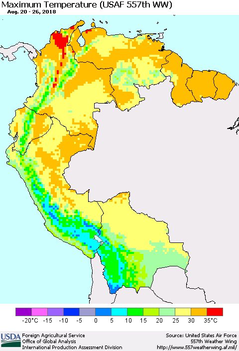 Northern South America Mean Maximum Temperature (USAF 557th WW) Thematic Map For 8/20/2018 - 8/26/2018