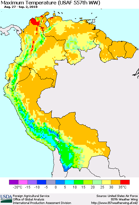 Northern South America Mean Maximum Temperature (USAF 557th WW) Thematic Map For 8/27/2018 - 9/2/2018