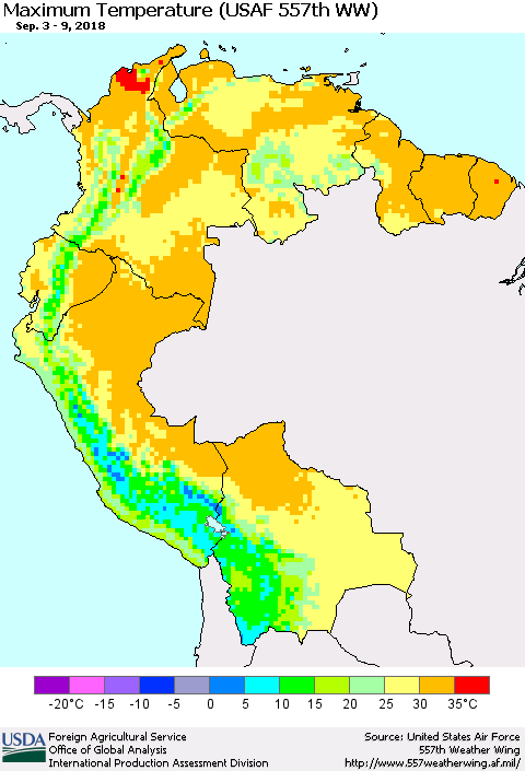 Northern South America Mean Maximum Temperature (USAF 557th WW) Thematic Map For 9/3/2018 - 9/9/2018
