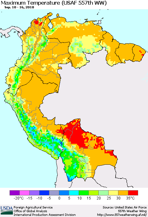 Northern South America Mean Maximum Temperature (USAF 557th WW) Thematic Map For 9/10/2018 - 9/16/2018
