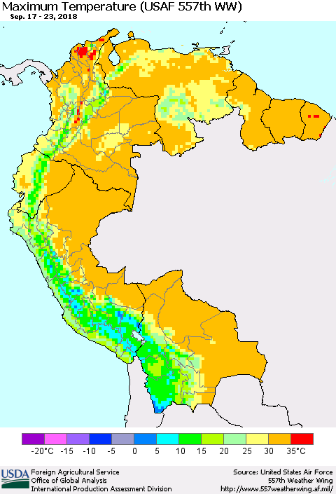 Northern South America Mean Maximum Temperature (USAF 557th WW) Thematic Map For 9/17/2018 - 9/23/2018