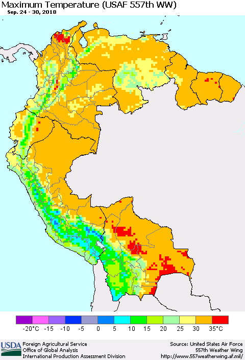Northern South America Mean Maximum Temperature (USAF 557th WW) Thematic Map For 9/24/2018 - 9/30/2018