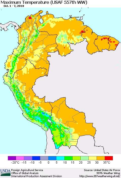 Northern South America Mean Maximum Temperature (USAF 557th WW) Thematic Map For 10/1/2018 - 10/7/2018